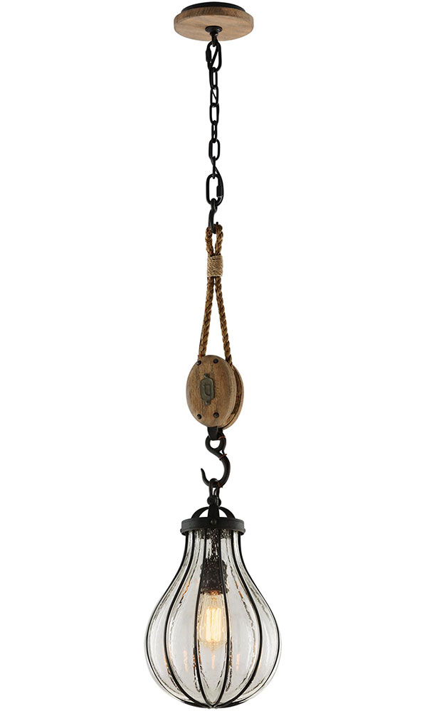 Hall Lighting & Design - Pendants - 1 light pendant, hand worked iron, seeded glass, industrial, pulley, rope